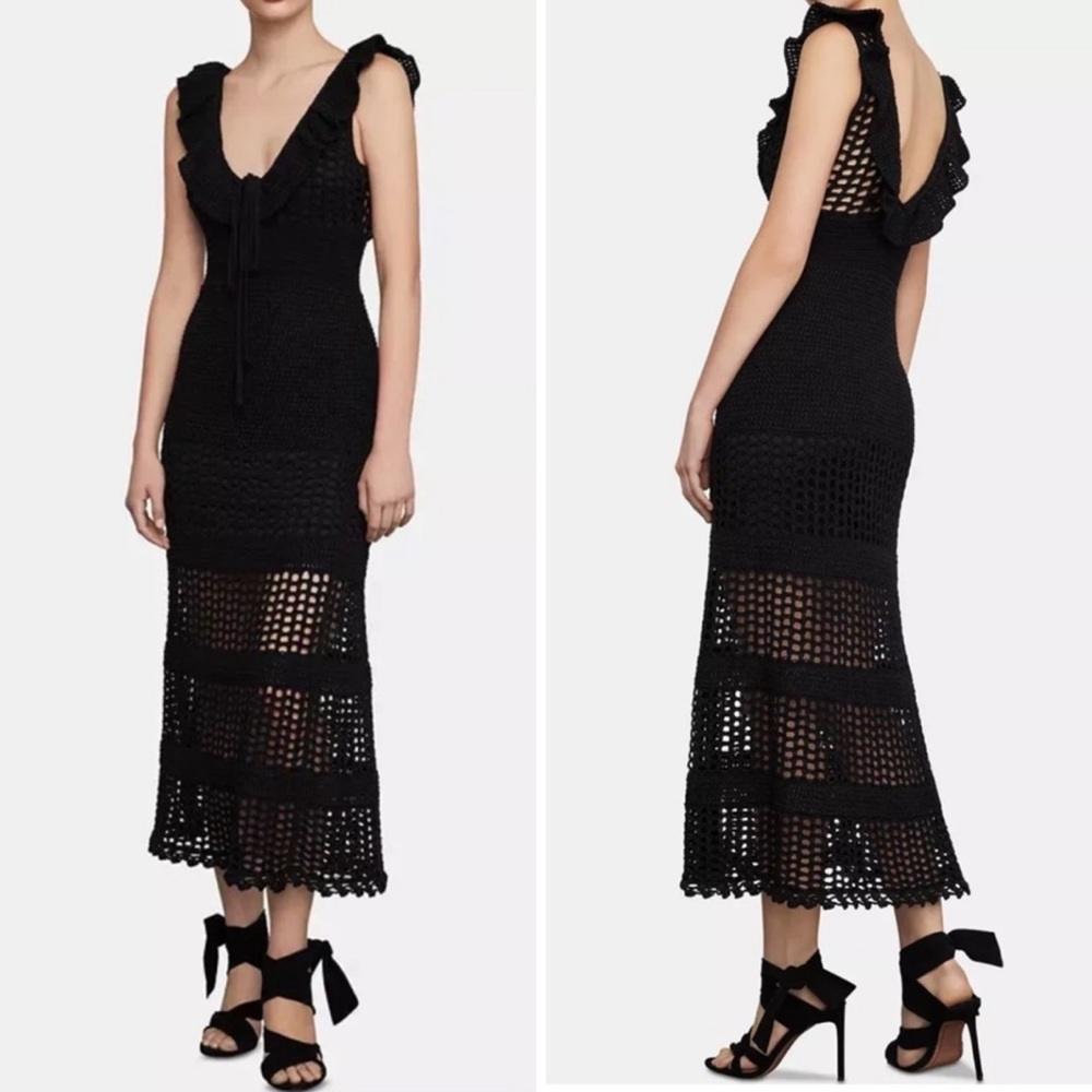 NWT BCBGMAXAZRIA Crochet Midi Dress Black Womens Sleeveless Deep V-Back